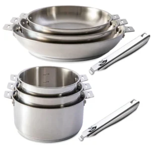 Lot 3 casseroles et 3 poêles tout inox Clips’Inox et 2 manches amovibles Mathon