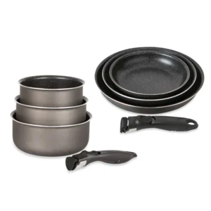 Lot 3 casseroles et 3 poêles anti-adhésives Effet Pierre et 2 manches amovibles Mathon