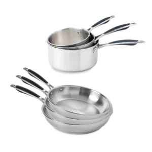 Lot 3 casseroles 16, 18 et 20 cm et 3 poêles 20, 24 et 28 cm tout inox Excell’Inox Mathon